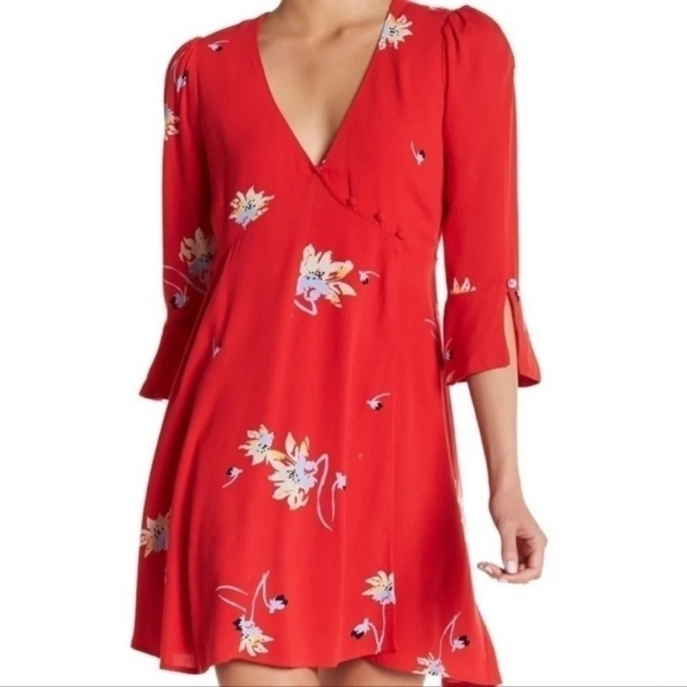 Free People Time On My Side Red Floral Print Wrap Dress - Size Small    dresses - Picture 9 of 9